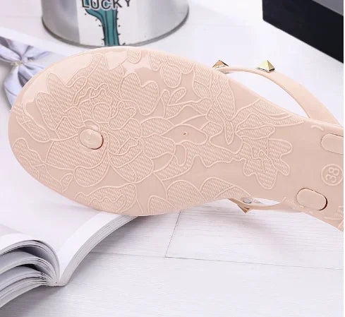 Women Low Pricing  Jelly Shoes Rivets Studs Bow-Knot Leisure Daily Flip-Flops For Raining Days Anti-Slip Flat Slippers Zoris 36
