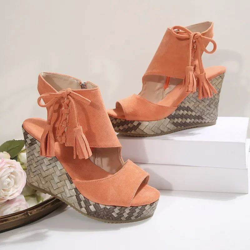 2025 Summer Suede Leather Women's Thicken High Heels Hollow Out Sandals Sexy Elegant Platform Wedges Open Toe Ladies Shoes