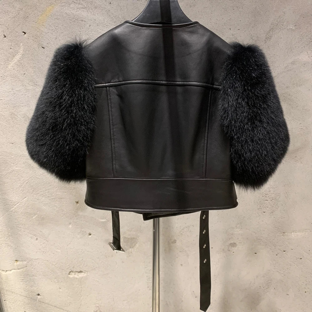 Leather Fur Jacket Natural Fur Sleeve Ladies Short Leather Jacket Real Fox Fur Sleeve Coat Women Autumn 21001-1
