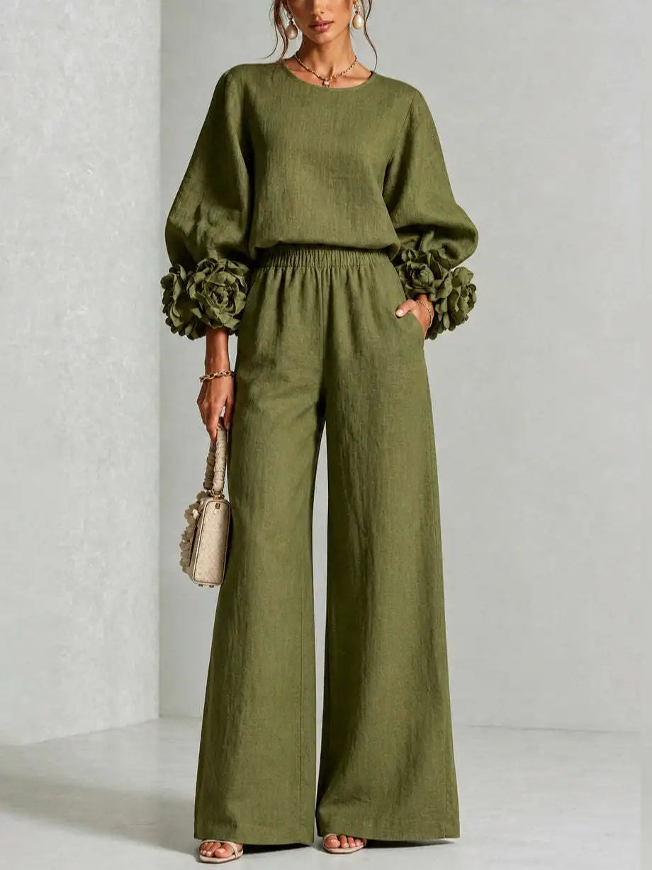 Women 2 Piece Outfit O Neck Puff Long Sleeve Top 3D Floral + Elastic Waist Wide Leg Pants Set Autumn Elegant Casual Office Suit