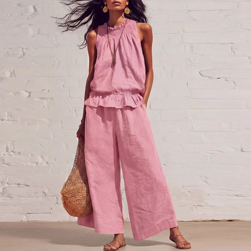 Summer Cotton Linen Solid Color Sleeveless Vest Top Women Pants Suit Casual Pocket Elegant Female Office Retro 2 Piece Set