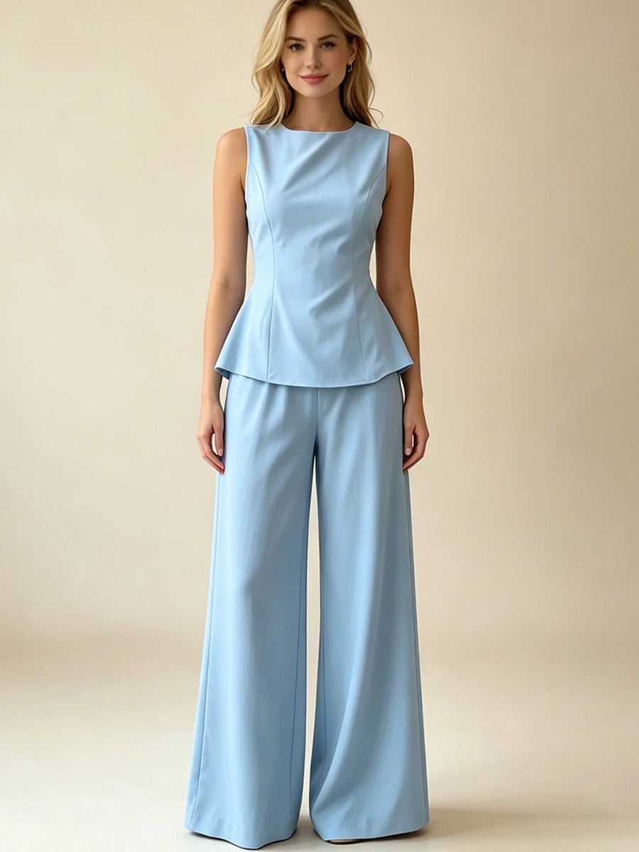 2026 Women Elegant Back Tie Sleeveless Peplum Top + Wide Leg Pants 2 Piece Casual Set