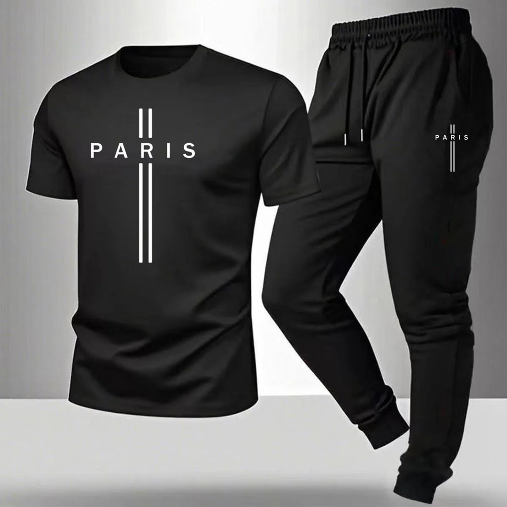 Men's casual sports outfit, printed round-neck short-sleeved T-shirt and long pants, suitable for outdoor wear.