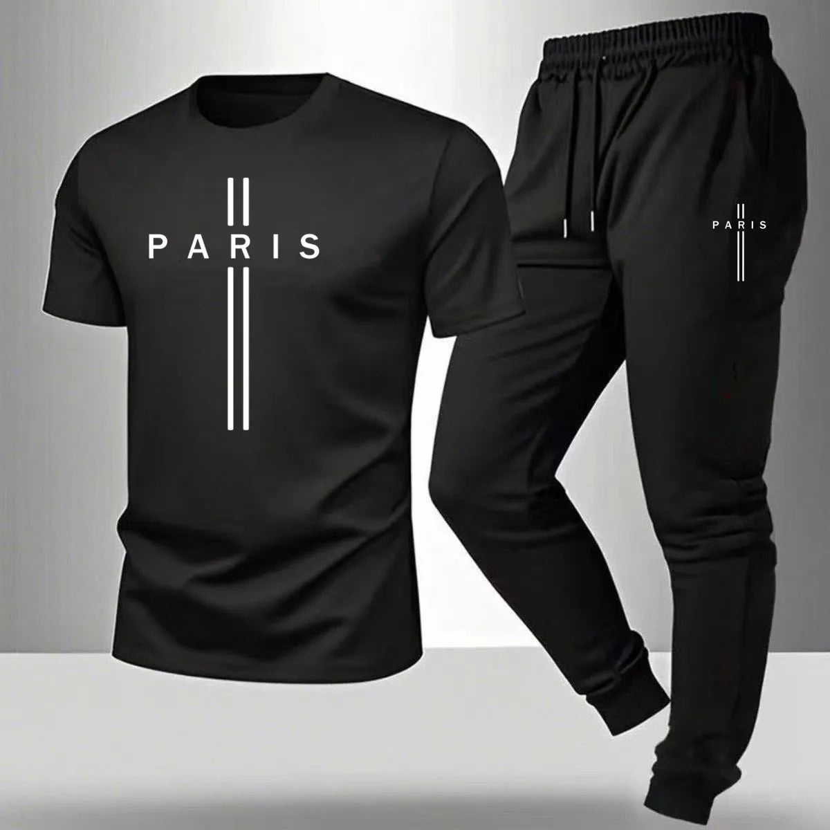Men's casual sports outfit, printed round-neck short-sleeved T-shirt and long pants, suitable for outdoor wear.