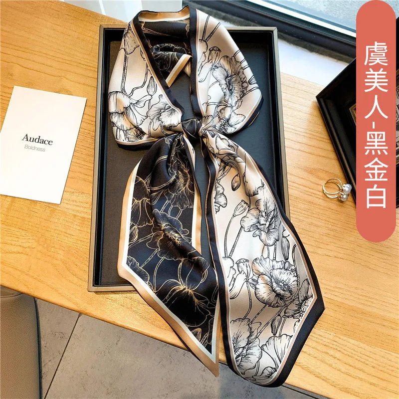Fashion Blue Print Silk Scarf Women Soft Satin Horse Hairband Bevel Neckerchief Office Hijab Headband Foulard Bag Ribbons Gift