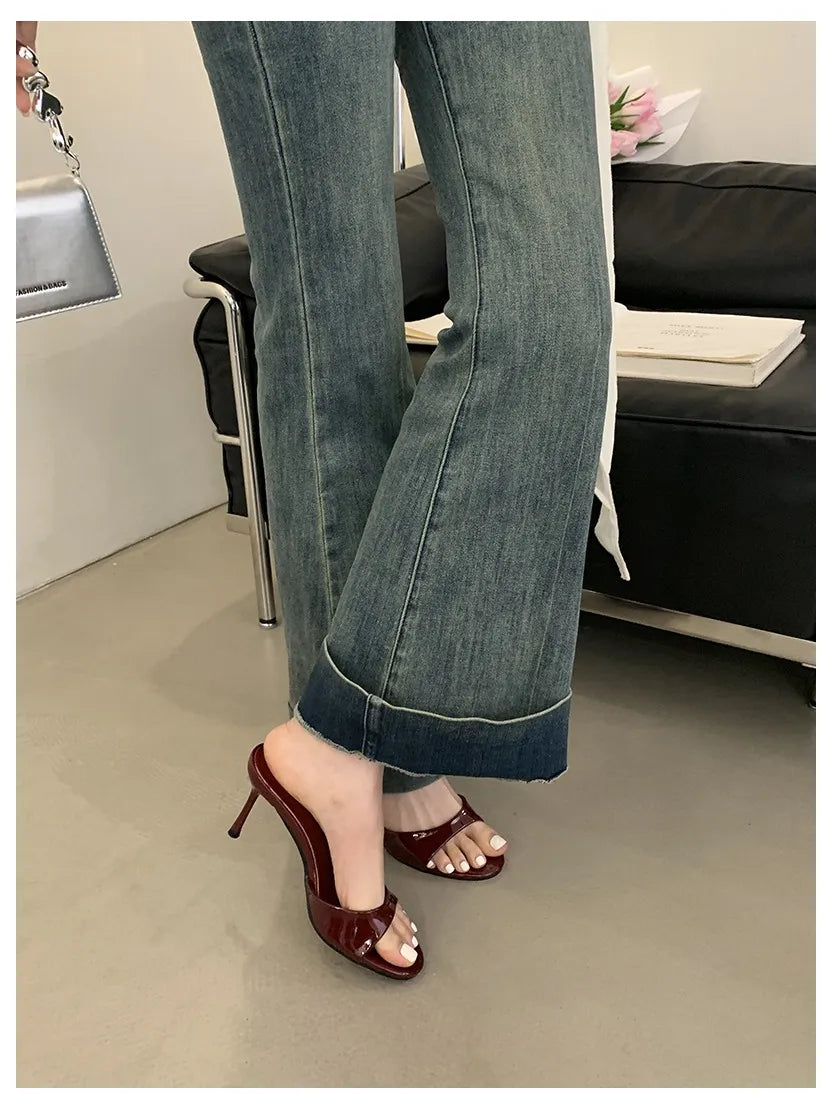 2026 Fashion Sexy Thin High Heels Slides Women Open Toe Pumps Slip Sandal Female Slippers Mule Patent Leather Outdoor Flip Flops