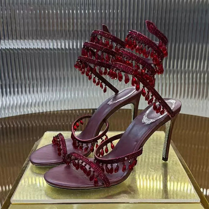 Summer High Heels Sandals Women Rhinestone String Bead Ankle Snake Twine Around Wedding Shoes Lady Gladiator Sandals Woman