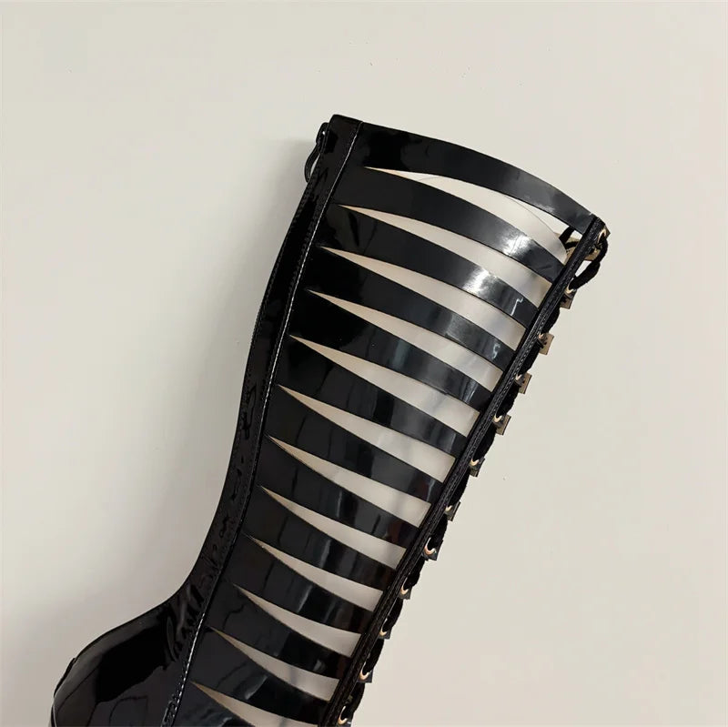 Liyke Fashion Hollow Out Cross Strap Knee High Boots Sandals Women Zip Sexy Peep Toe Stripper Heels Shoes Female Long Booties