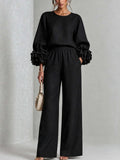 Women 2 Piece Outfit O Neck Puff Long Sleeve Top 3D Floral + Elastic Waist Wide Leg Pants Set Autumn Elegant Casual Office Suit