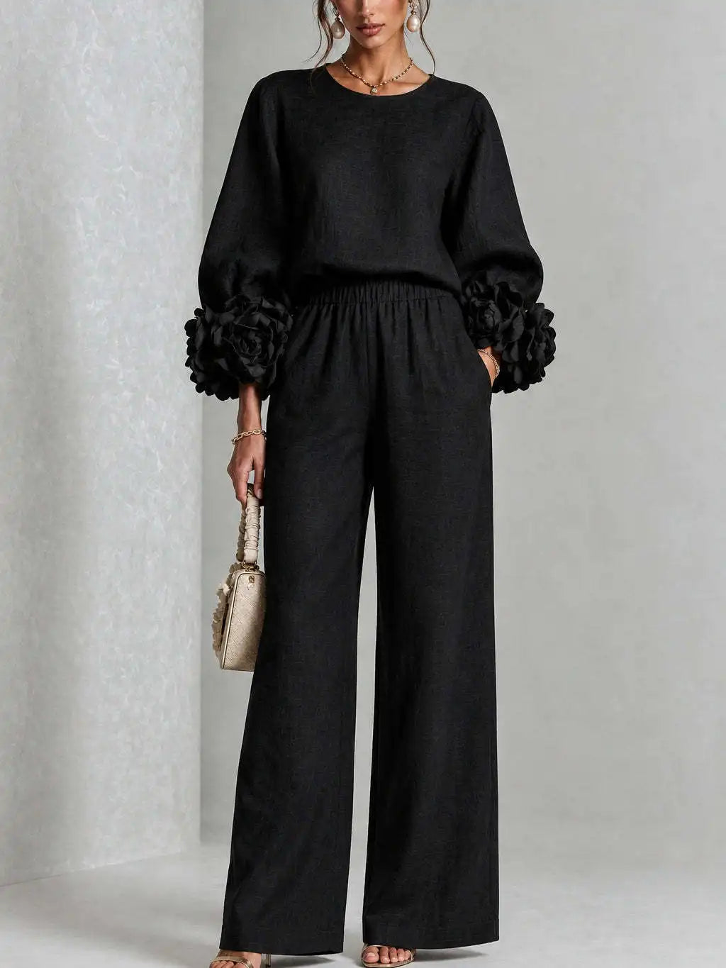 Women 2 Piece Outfit O Neck Puff Long Sleeve Top 3D Floral + Elastic Waist Wide Leg Pants Set Autumn Elegant Casual Office Suit