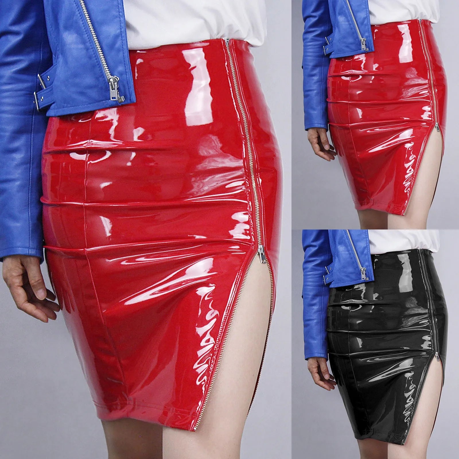 Fashion Womens Leather Skirt Bright Pvc Patent Leather Sexy Hip Wrapped Pencil Skirt Woman Side Zipper High Waist Skinny Faldas