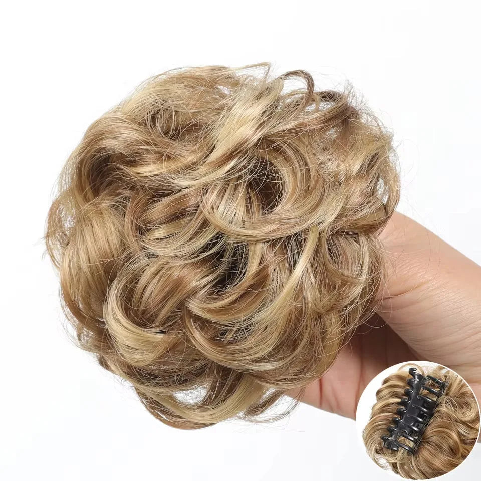 Synthetic messy hair clip bun short curly hair clip in a woman's ponytail hair extension bun wig