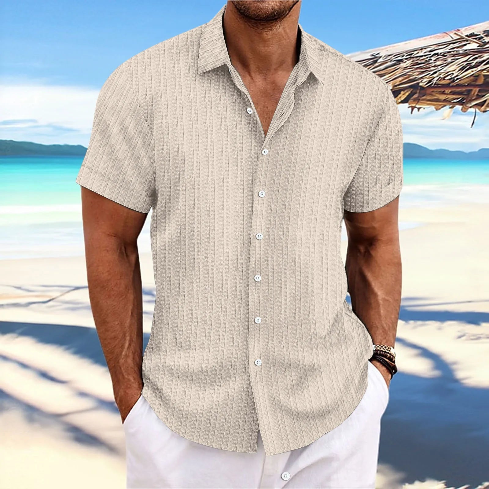 Simple And Versatile Summer New Men's Cotton And Linen Striped Jacquard Shirt Casual Comfortable Loose Short-Sleeved Shirt