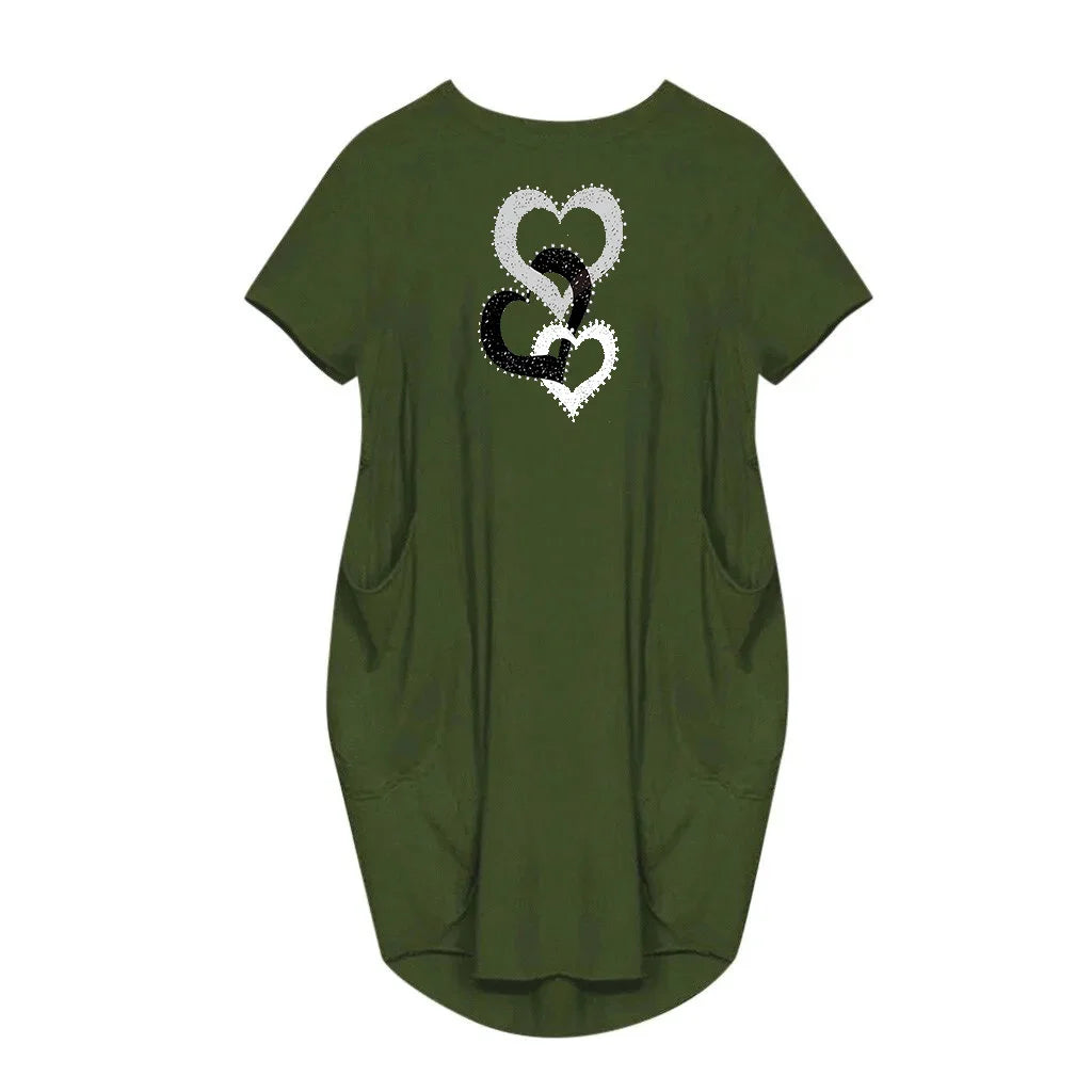 Women's heart-shaped printed pocket dress, casual round neck short sleeved dress for spring and summer women's wear