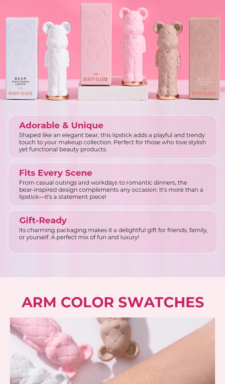 BEAUTY GLAZED Pink Bear Long Lasting Moisturizing Waterproof Natural Lip Balm Natural Formula Repairs Dry Lips Makeup