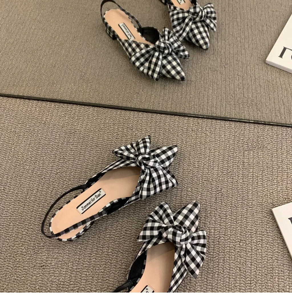 Bow Sandals Women 2026 Summer Pointed Low Heel Sandals Women Fashion Baotou Thin Strap Sandals High Heels Sandalias De Mujer