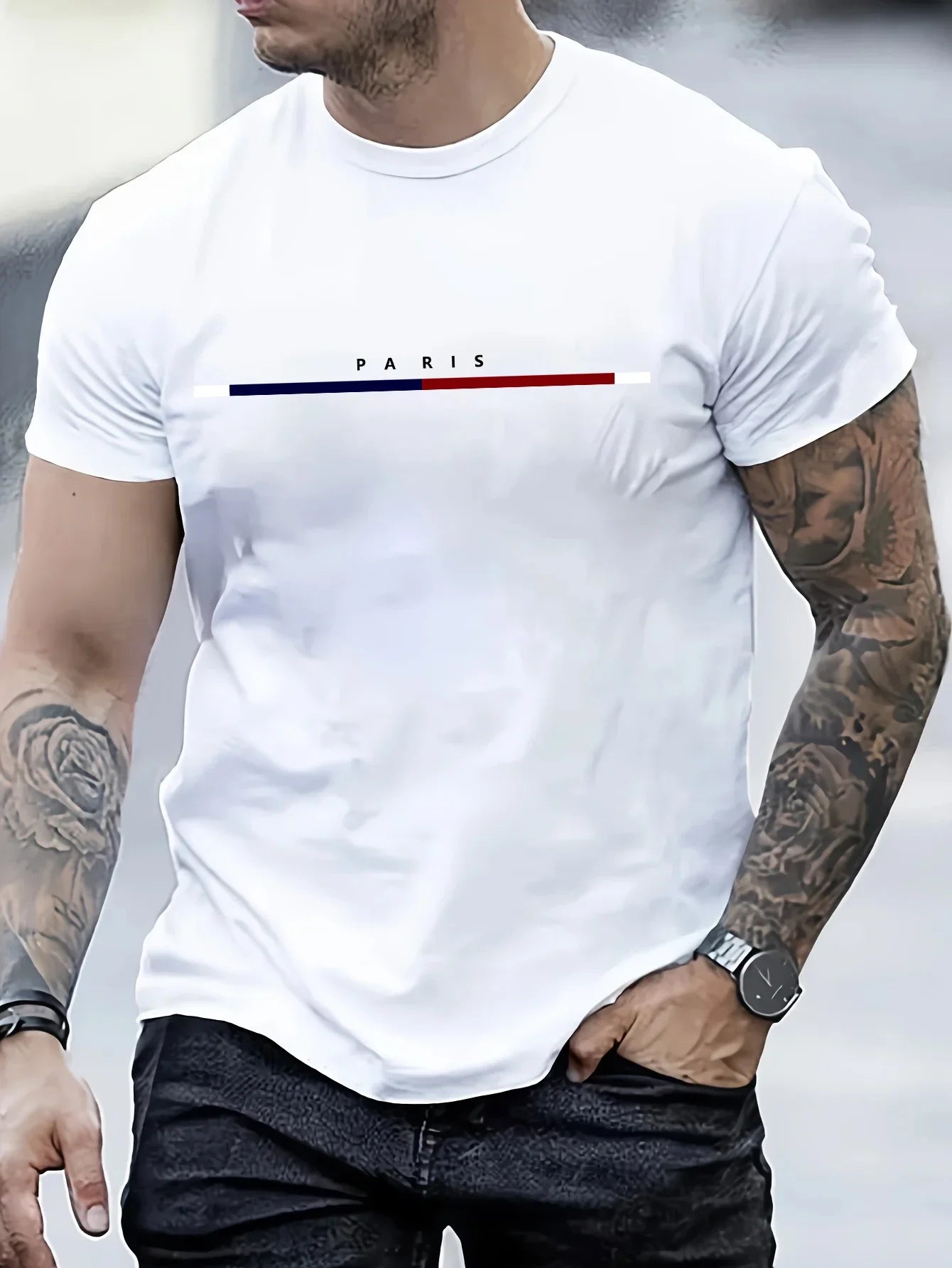 2026 Hot Sale Men's 100% Cotton Summer Loose PARIS Creative Letter Print Casual Slim Fit Round Neck Short Sleeved T-shirt Top