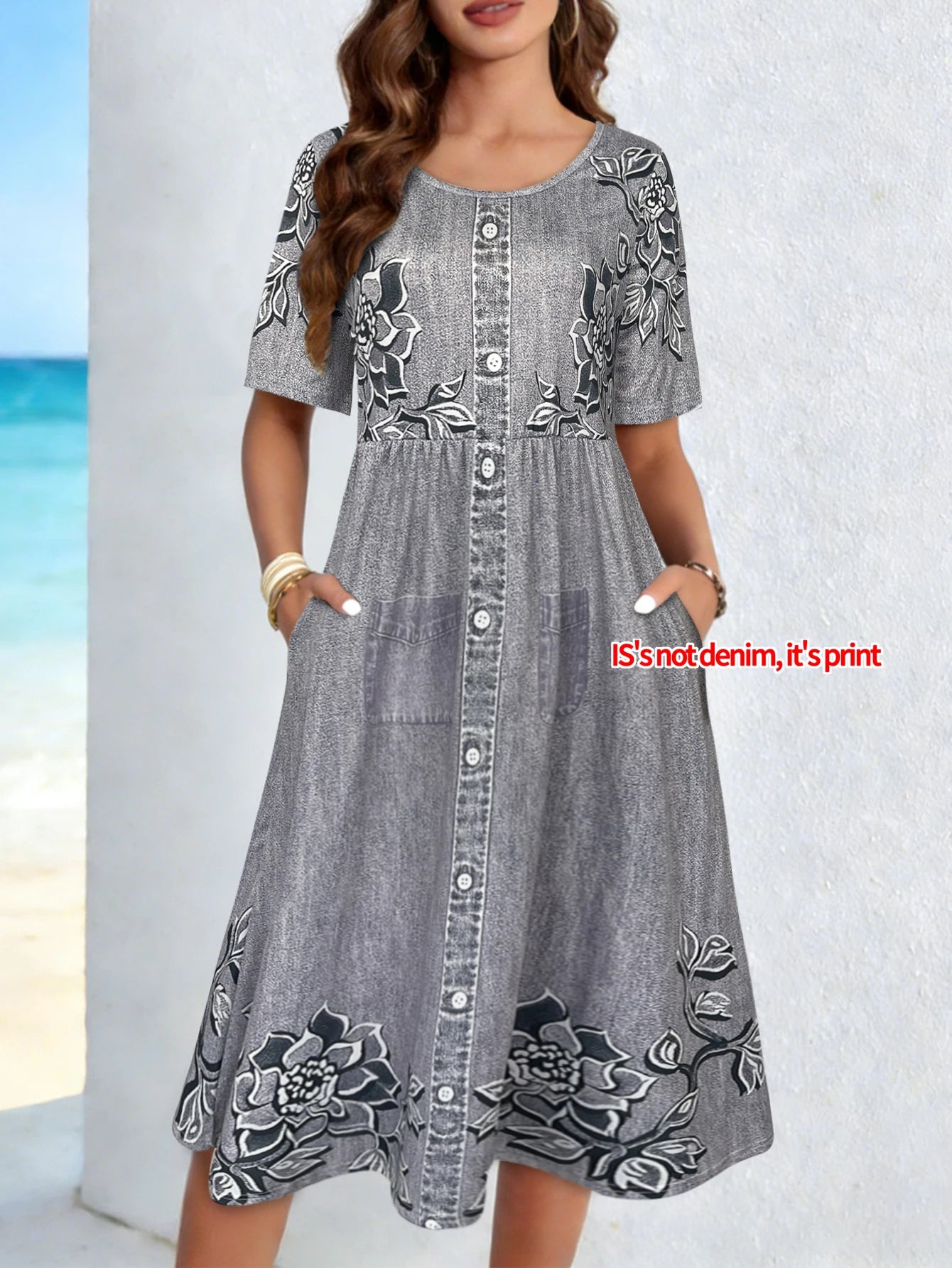 Women's Floral Print Faux Denim Midi Dress Summer Casual Print Button Front Print Pocket Short Sleeve Boho Sundress