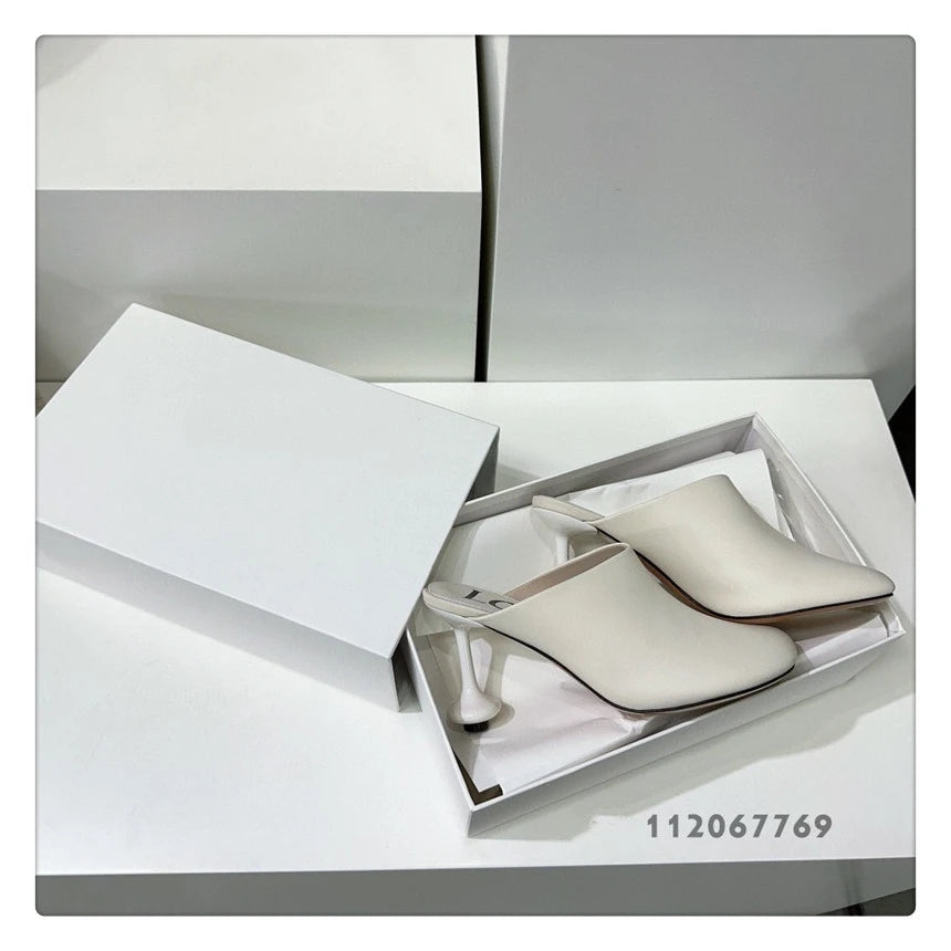 White Sheepskin Square Head Women's Slipper Baotou Textured Elegant Commuter Casual Simple Sense of Classic Wine Glass Heels New