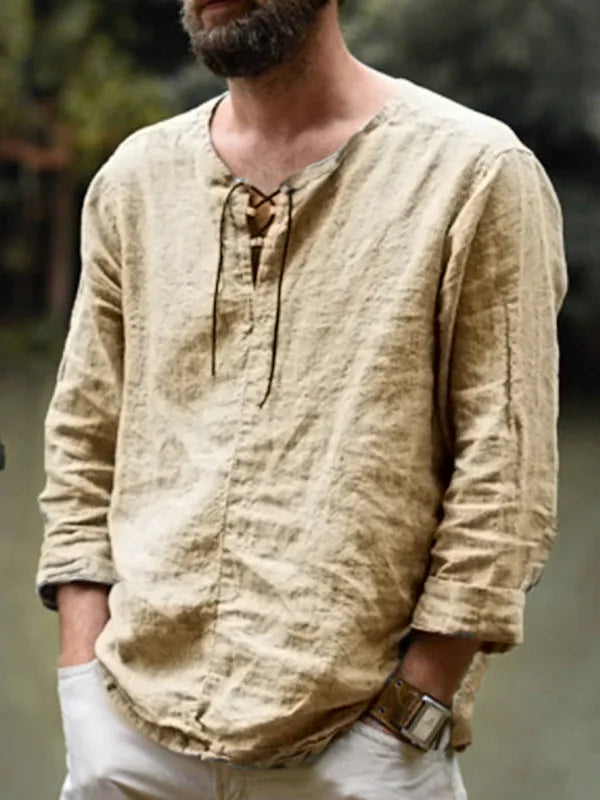 Men's Medieval Pirate Shirt - Historical Renaissance Faire Costume with V-Neck, Lace-Up Collar & Adjustable Drawstring Waist - L
