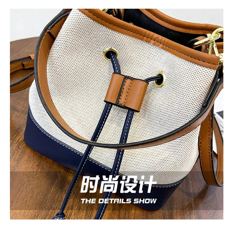 Canvas Bucket Bag Luxury Designer Handbags Women PU Shoulder Bag Fashion Crossbody Daily Commuting Tote Bag