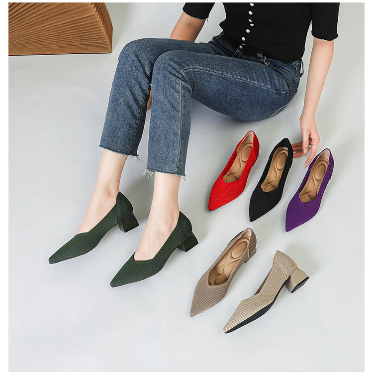 2026 New Women's High Heels Large 42/43 Fashion Pointed Anti slip Rubber Bottom Knitted Breathable Shoes