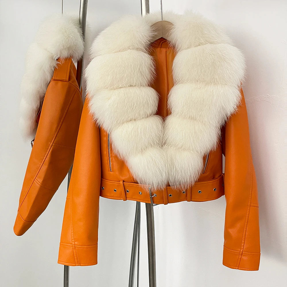 Faux PU Leather Jacket Natural Fox Fur Female New Autumn Short Top Clothing Women Long Sleeve Fake Leather Coat Real Fur Coat