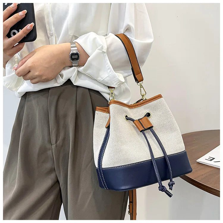 Canvas Bucket Bag Luxury Designer Handbags Women PU Shoulder Bag Fashion Crossbody Daily Commuting Tote Bag
