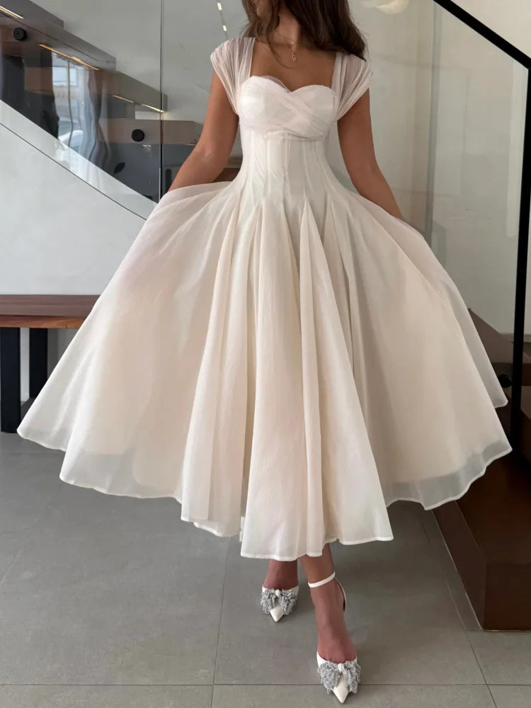 DEAT Elegant Dress Strapless Gauze High Waist Pleated A-line Big Swing Women's Evening Party Dresses 2026 Spring New 35Z2614