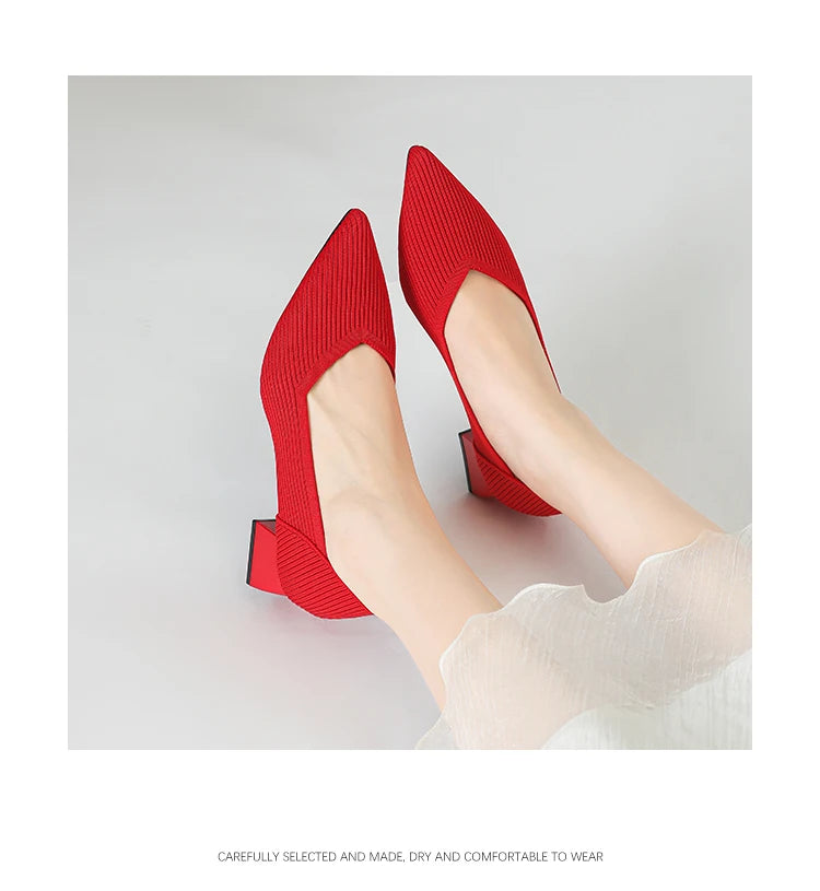 2026 New Women's High Heels Large 42/43 Fashion Pointed Anti slip Rubber Bottom Knitted Breathable Shoes