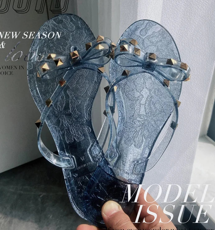 Ladies Leisure Waterproof Shoes Summer Zoris Slippers In Flats Clear Yellow Flip-Flops With Gold Stud Bow-Knot PVC Slides 36-42