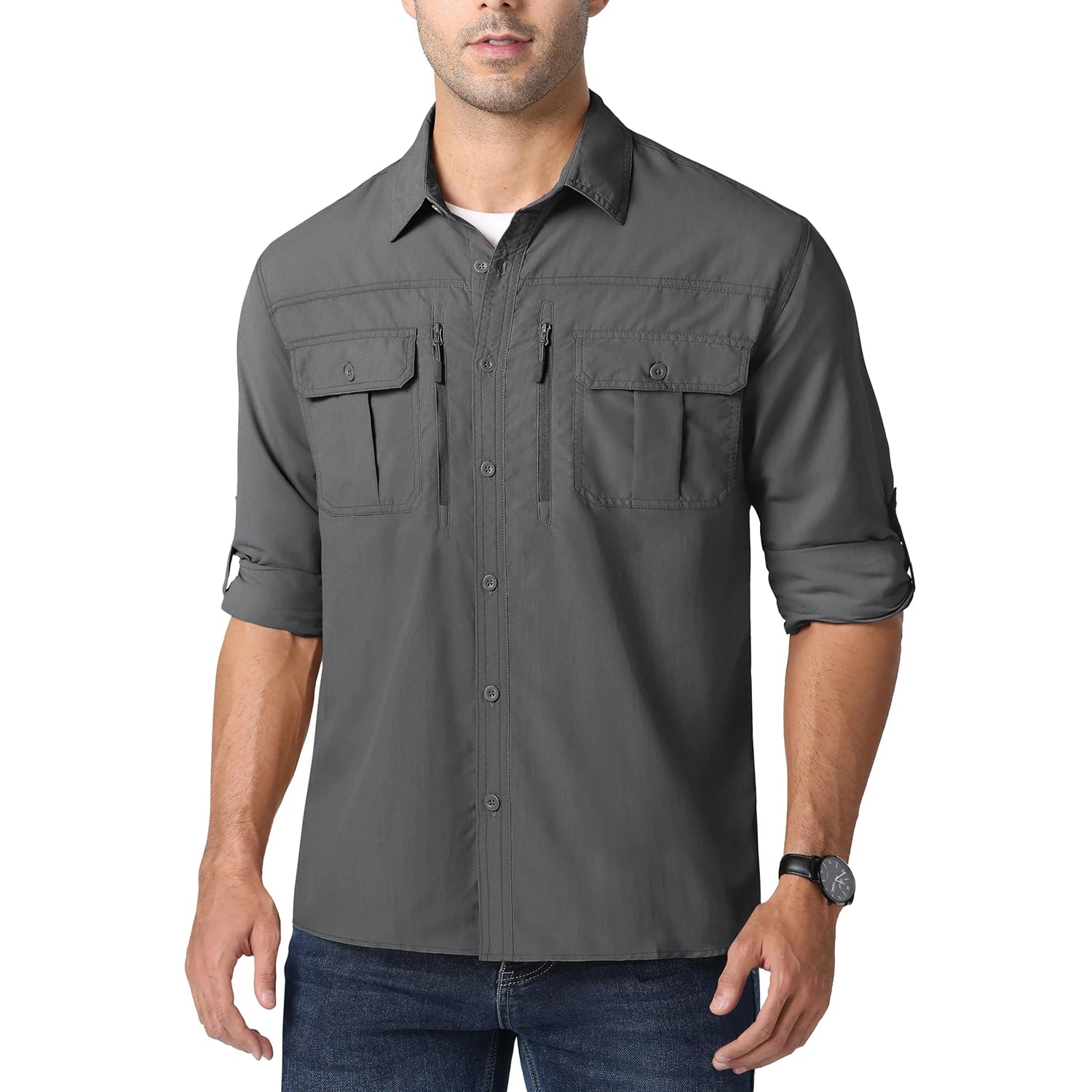 MAGCOMSEN Men UPF 50+ Safari Cargo Shirt Quick Dry Mesh Breathable Long Sleeve Zip Pockets Outdoor Hiking Fishing Work Tops