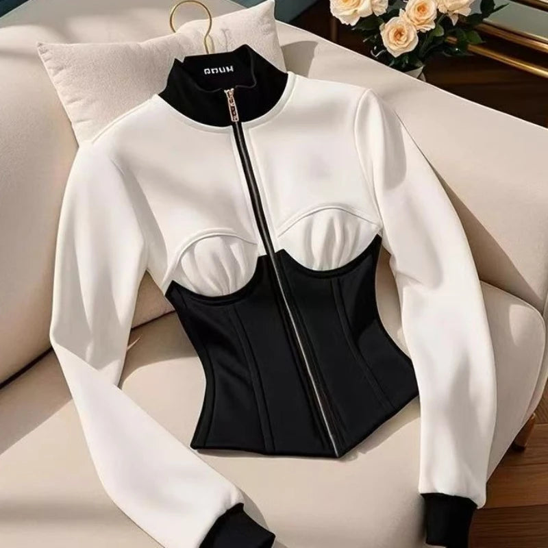 French Elegance White Black Patchwork Hooded Sweatshirt Women Jacket Waist 2025 Casual Office Lady High End Crop Top Zipper Coat