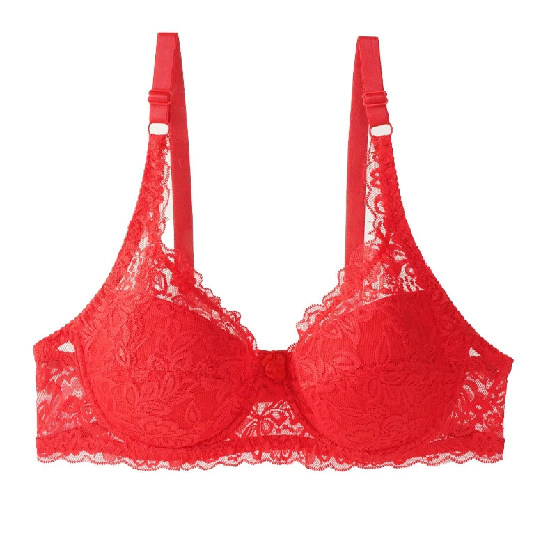 Sexy Push Up Lace Bras Women Thin Cotton Lined Underwire 38-44 C/D Cup Breathable Bralette Hollow Out Floral Underwear Plus Size