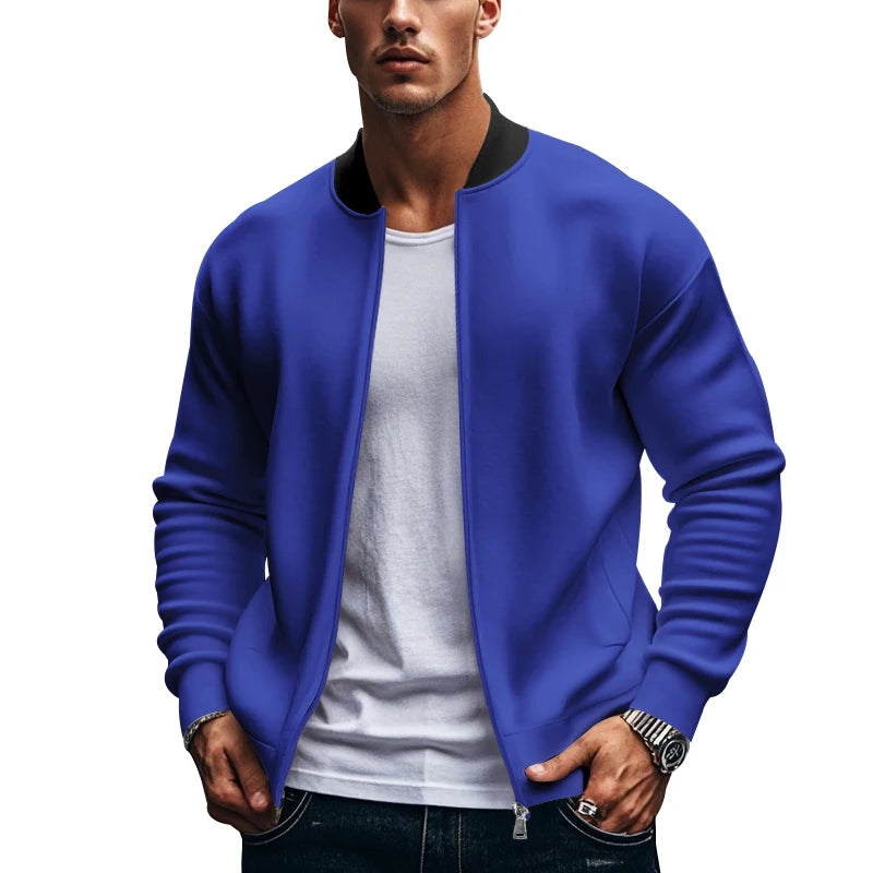 2024 New Spring And Autumn Men's Stand Collar Jacket Solid Color Leisure Sports Long Sleeve Zipper Coat Straight Tube Large Size