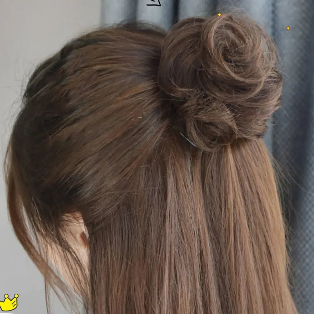 Girls Curly Scrunchie Chignon Band Brown Black Synthetic Hair Ring Wrap On Messy Bun Ponytails Straight Hair Tie