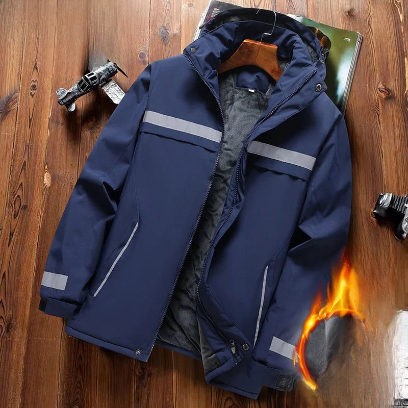 Thiened Fce Workwear Jaet ex Warm Windproof Reflective Cotton Coat Men's Casual Sle Removable Hat Zipper Closure