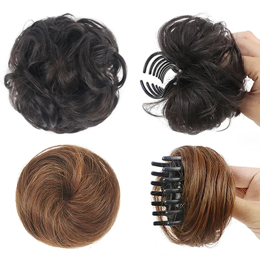 Girls Curly Scrunchie Chignon Band Brown Black Synthetic Hair Ring Wrap On Messy Bun Ponytails Straight Hair Tie