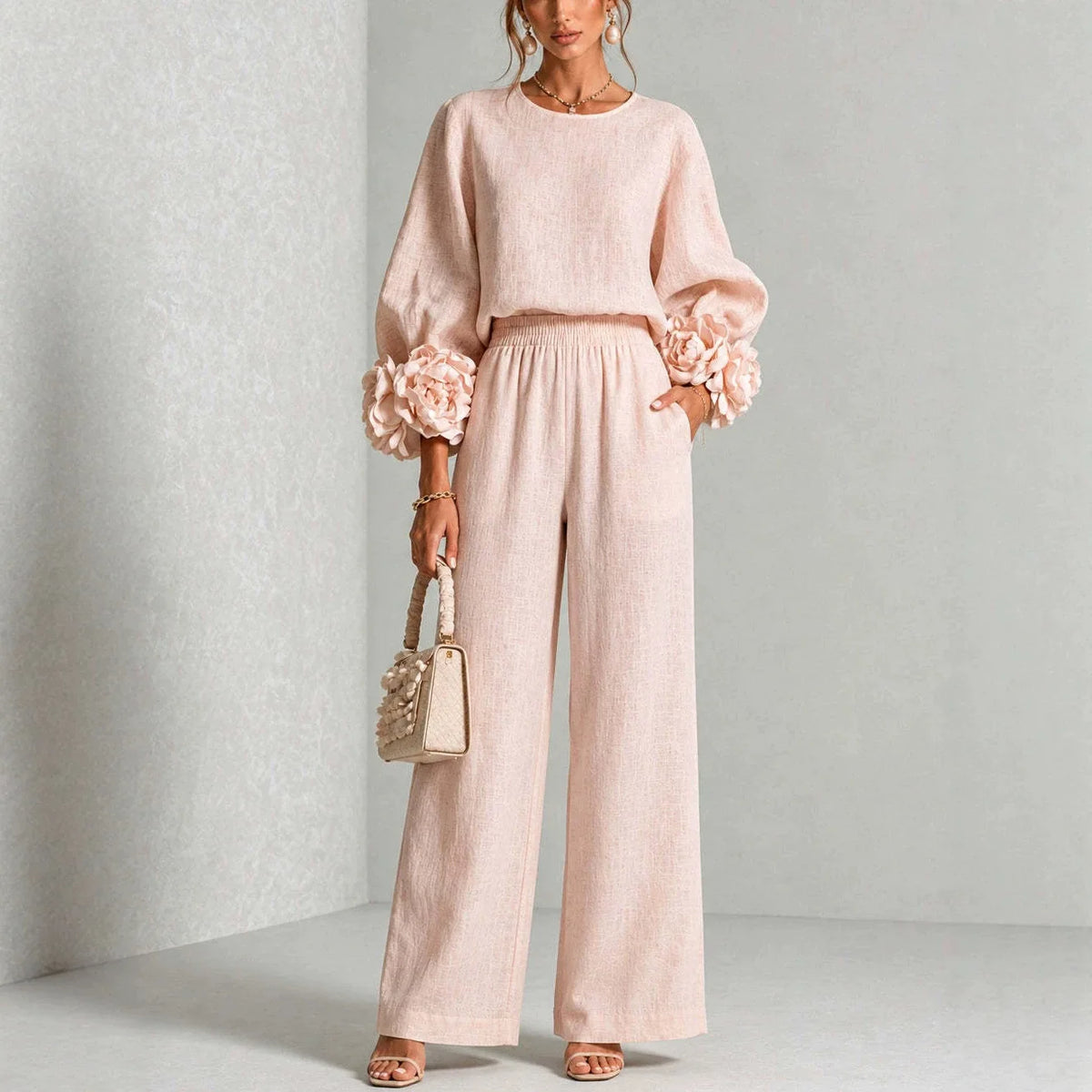 Women 2 Piece Outfit O Neck Puff Long Sleeve Top 3D Floral + Elastic Waist Wide Leg Pants Set Autumn Elegant Casual Office Suit