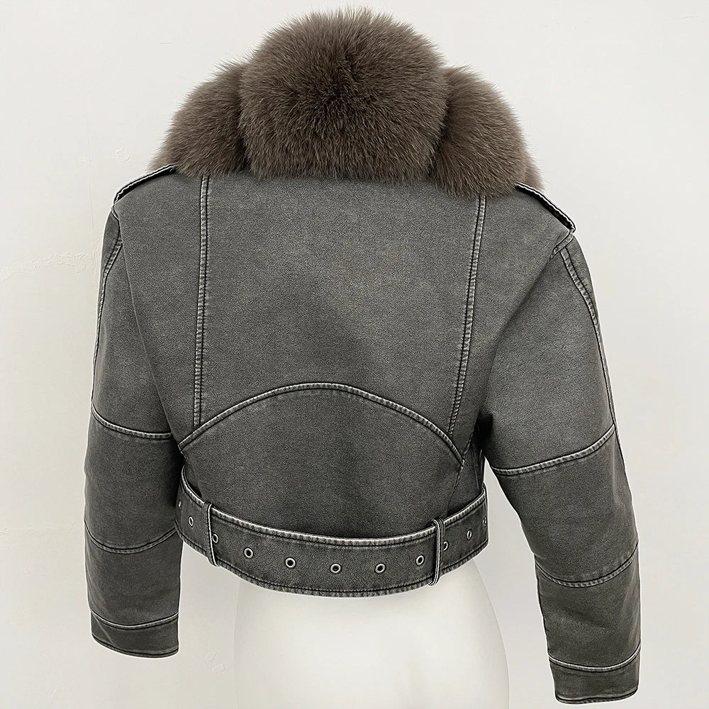 Fake Leather Coat New Natural Fox Fur Autumn Short Faux Leather Jacket Female Spring PU Women Long Sleeve Real Fur Coat Thin