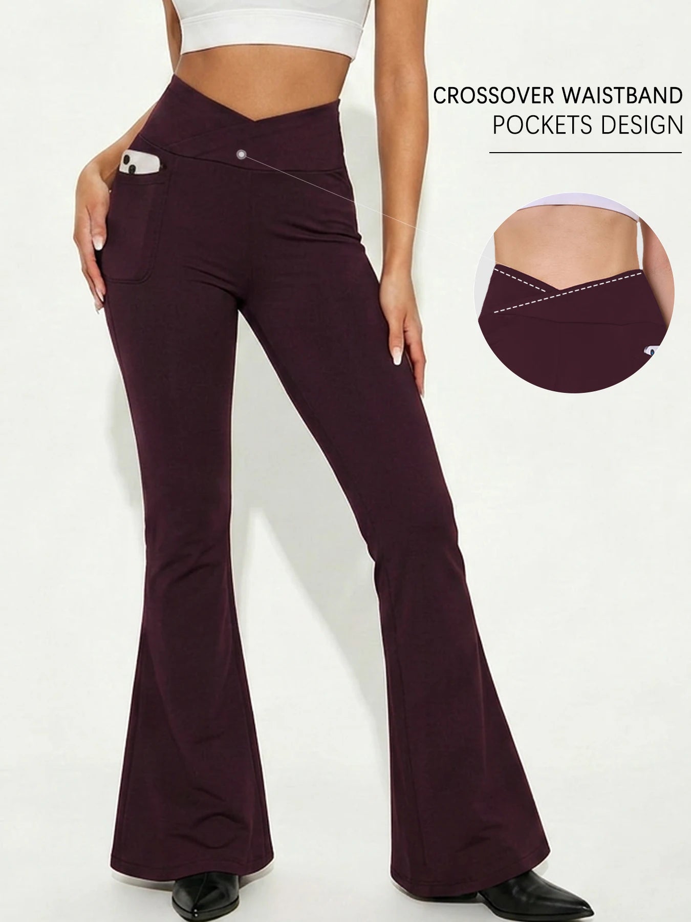 Super Soft Crossover Leggings Women High Waisted Flare with Pockets Tummy Control Yoga Pants