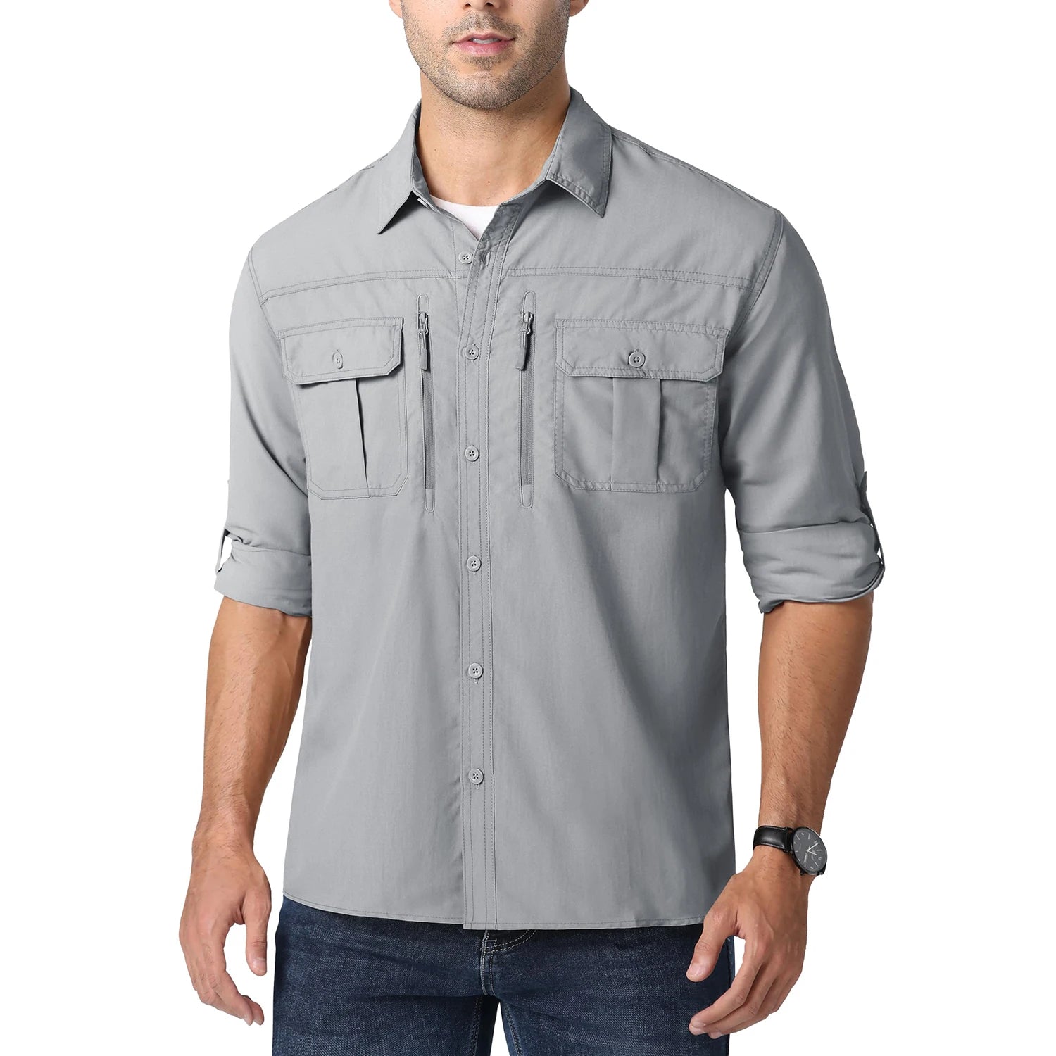 MAGCOMSEN Men UPF 50+ Safari Cargo Shirt Quick Dry Mesh Breathable Long Sleeve Zip Pockets Outdoor Hiking Fishing Work Tops