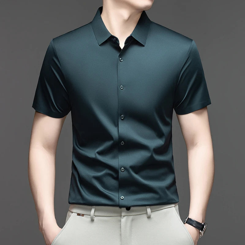 Mens Summer Business Short Sleeved Shirt Seamless Construction High Stretch Easy Care for AllDay Comfort