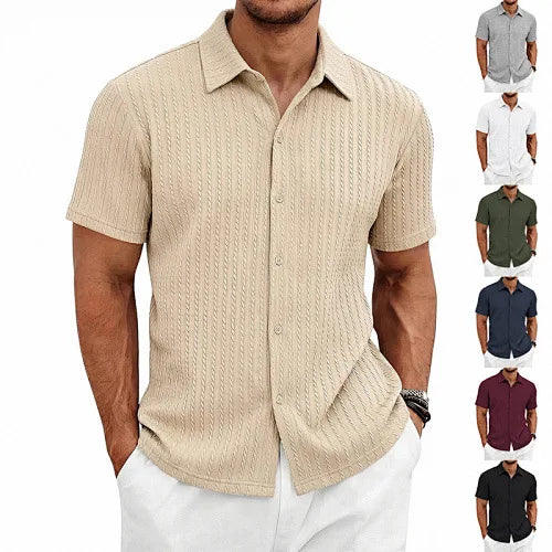 European and American Men's Casual Jacquard Shirt Men's Summer Solid Color Lapel Breathable Men's Short-Sleeved Shirt Top
