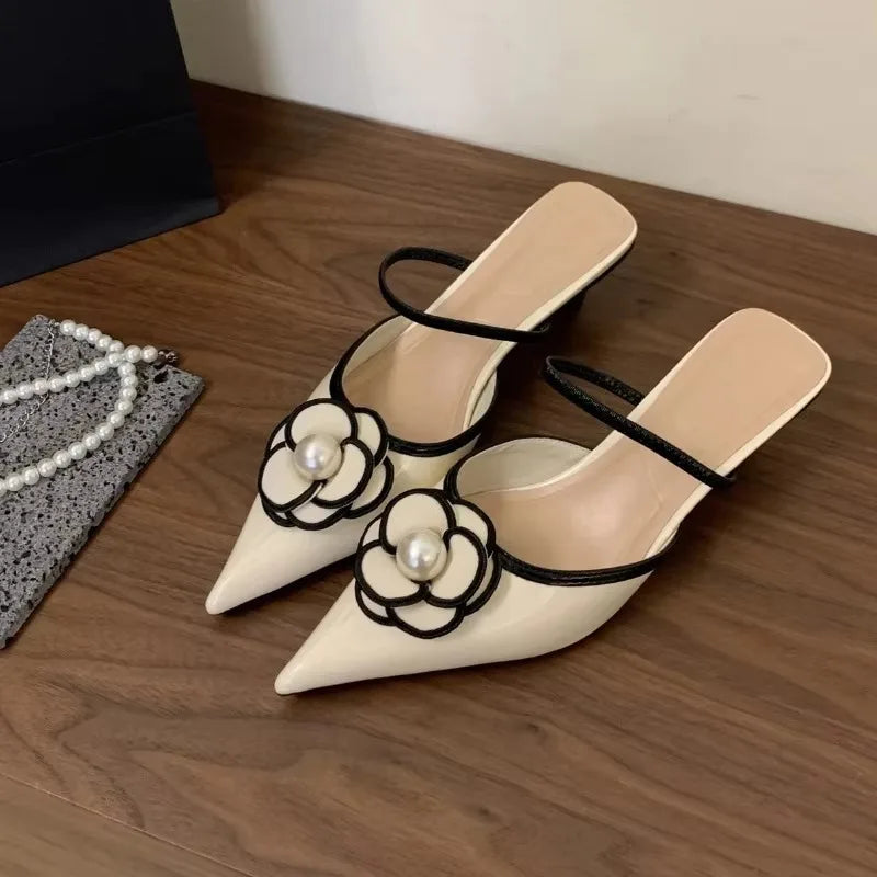2026 Flower Pointed Toe High Heels Women Luxury Designer Sandals Female Summer Elegant Fashion Pumps Flower Mule Slippers Women