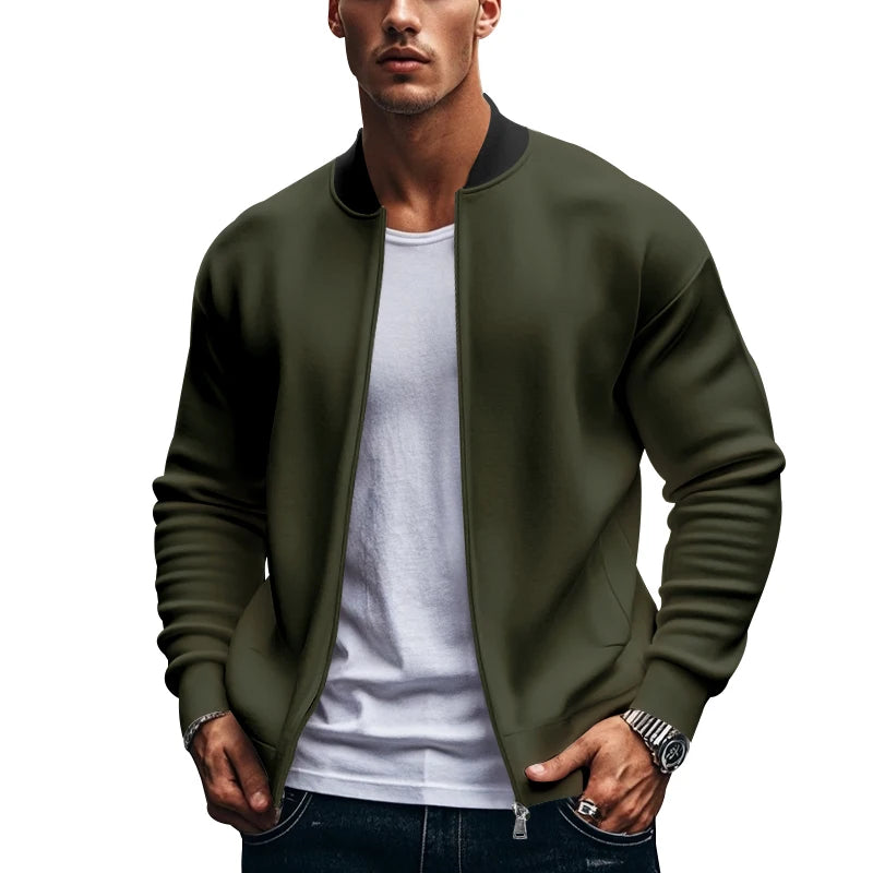 2024 New Spring And Autumn Men's Stand Collar Jacket Solid Color Leisure Sports Long Sleeve Zipper Coat Straight Tube Large Size