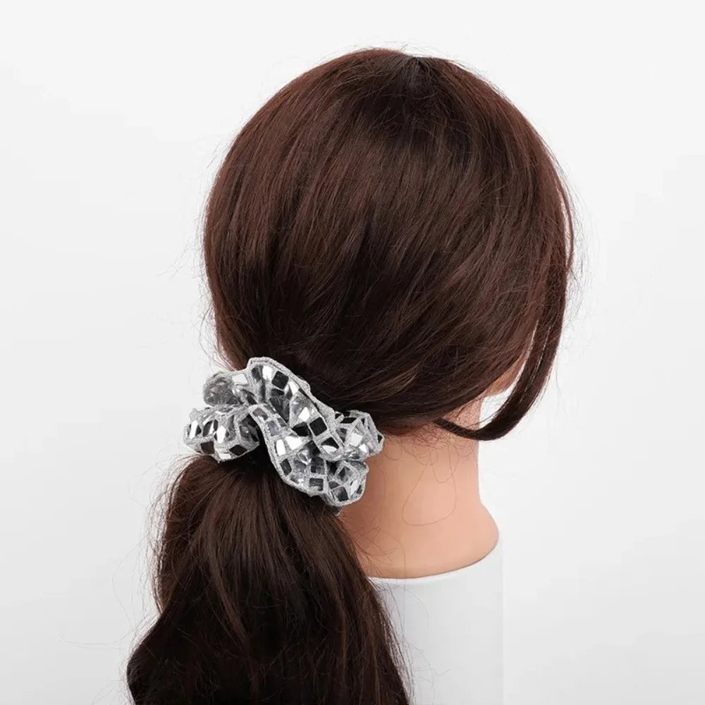6pcs Square Sequin Sequin Hair Rope Retro Disco Pleated Design Rubber Bands Set Ponytail Holder Super Shiny