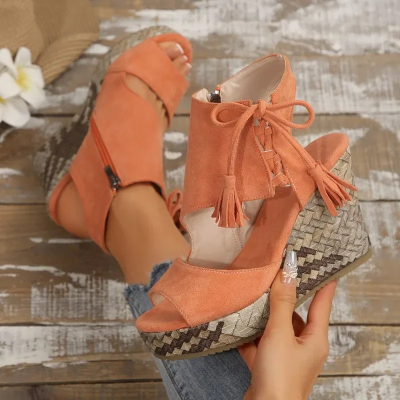 2025 Summer Suede Leather Women's Thicken High Heels Hollow Out Sandals Sexy Elegant Platform Wedges Open Toe Ladies Shoes