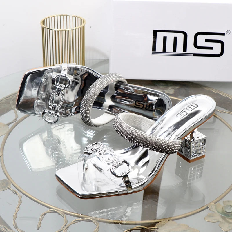 Women's slippers 2026 summer fashion Transparent belt metal decoration box shaped square Alien heel high heels wearing sandals