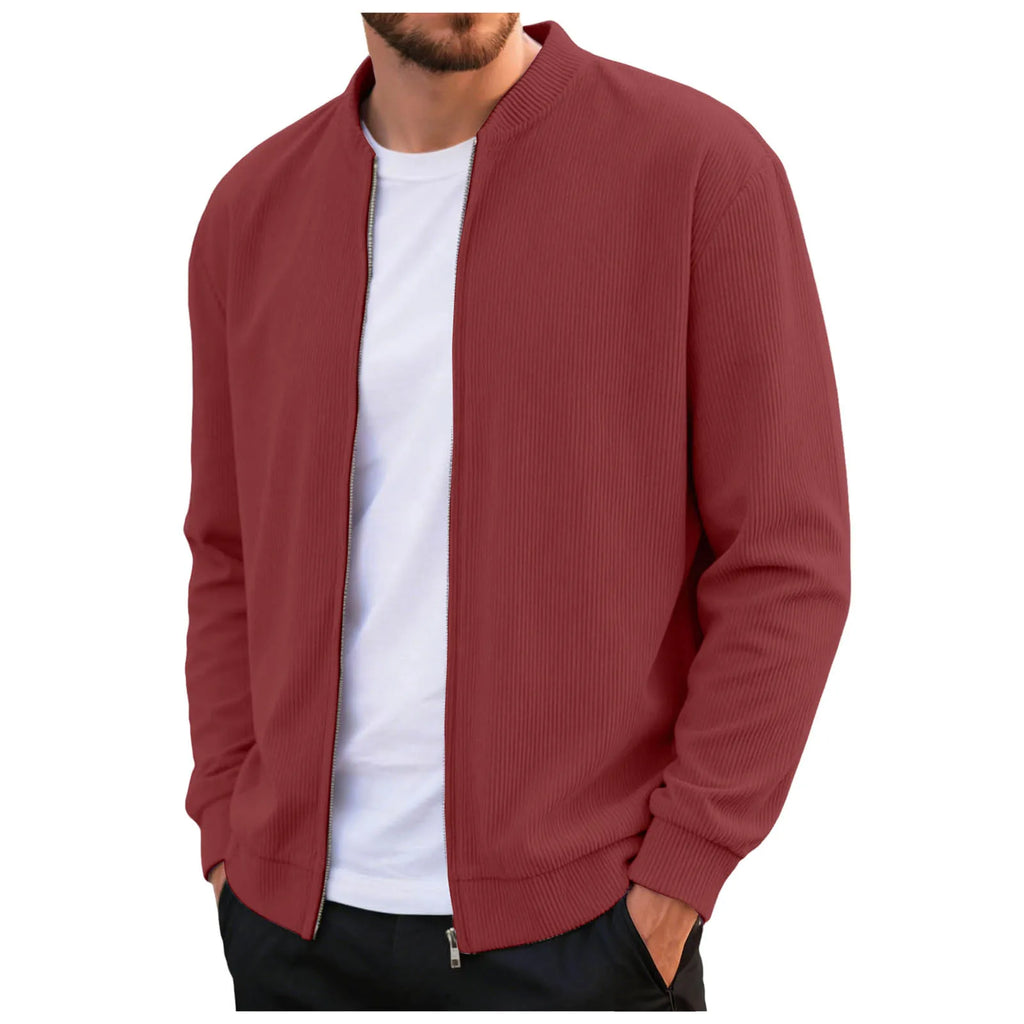 Corduroy Solid Color Men'S Casual Coat Round Neck Zipper Long Sleeve Outerwear Autumn/Winter Stylish Male Jacket Overcoat